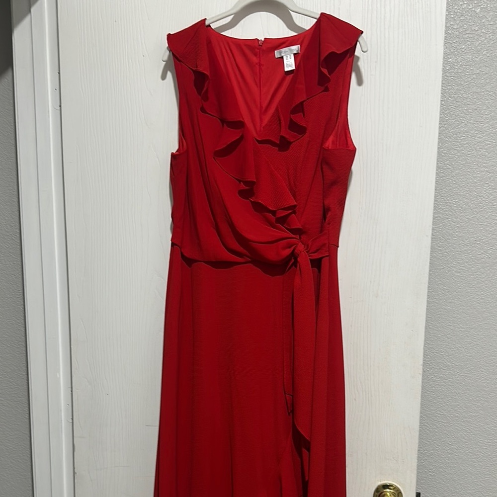 London Times Red Ruffled Wrap Maxi Dress